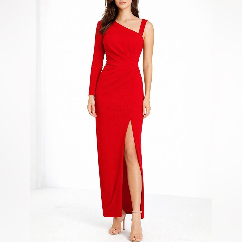 Michael Costello Eunice Dress Small Red One Shoulder Slit Ruched Gown